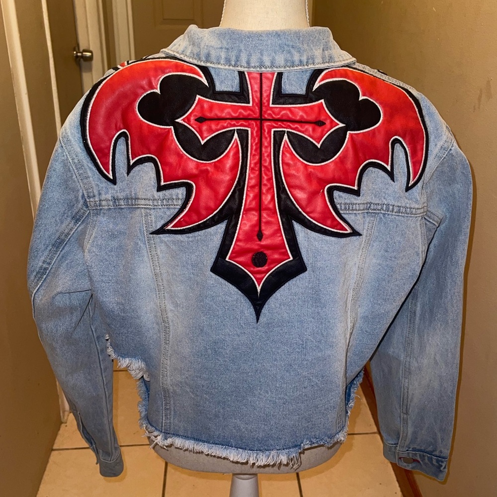 Life of sin faux leather patch denim jacket